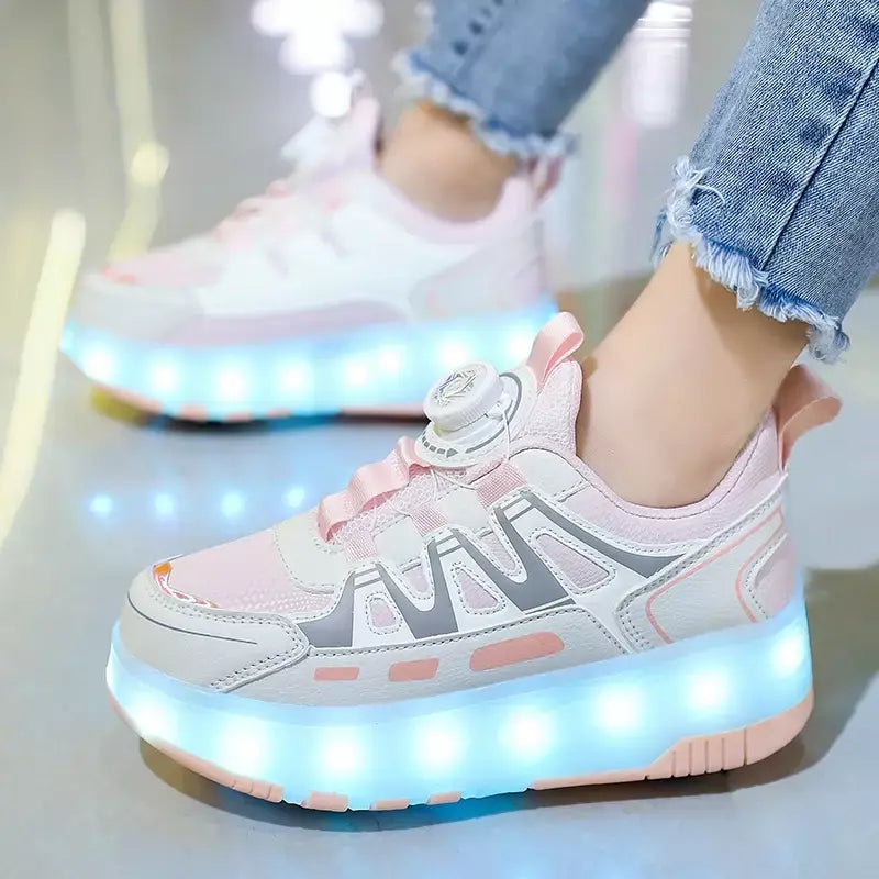 Crianças quatro rodas luminosa brilhante tênis preto rosa led luz rolo sapatos de skate crianças sapatos led meninos meninas carregamento usb