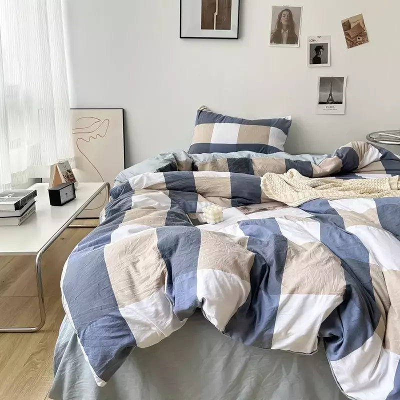 Conjunto de roupa de cama de algodão lavado, listrado, grade, lençol minimalista, consolador, capa de edredão rainha, duplo para meninos e meninas