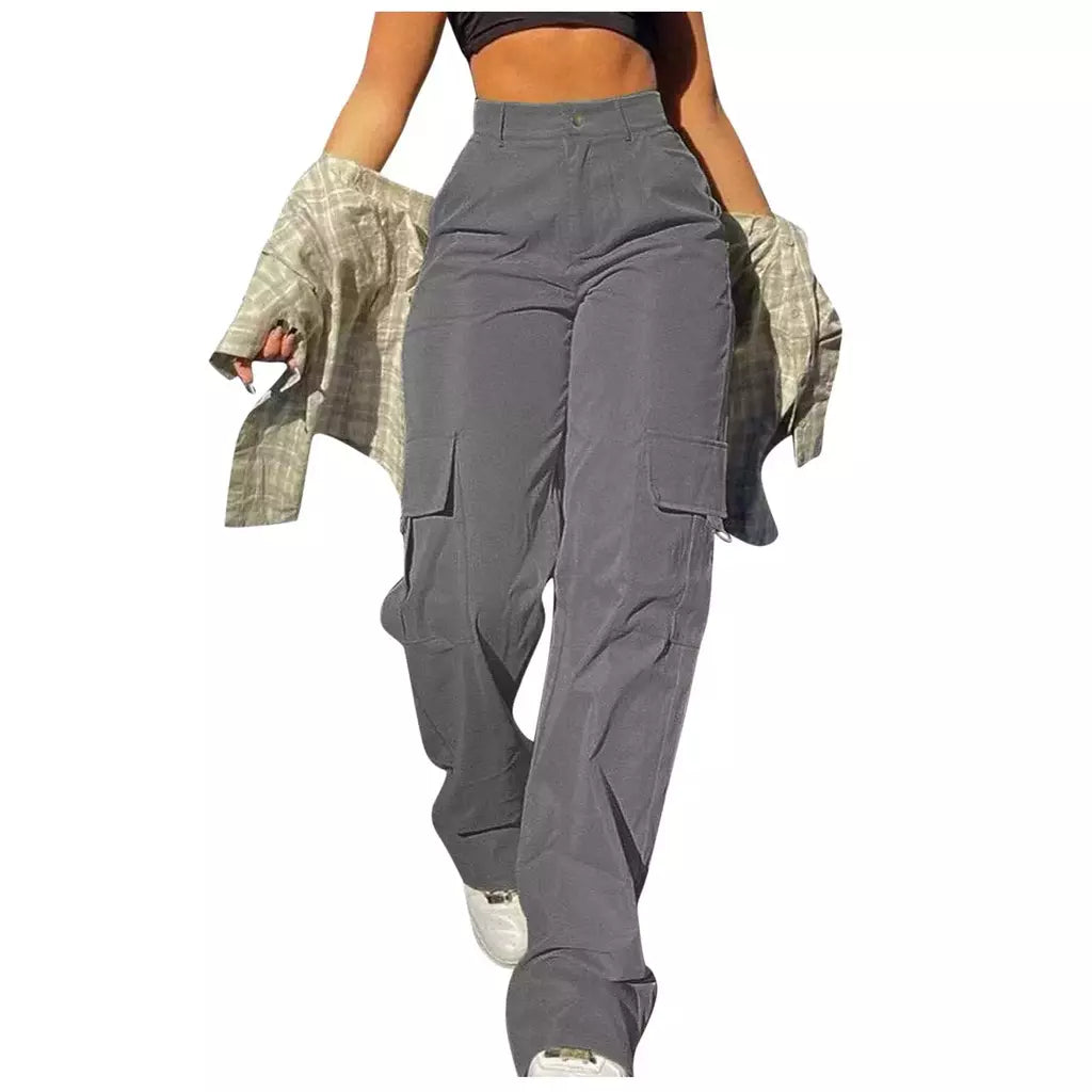 Calça de perna larga feminina, bolso com aba de rua, detalhes da fivela lateral, calças paraquedas hip hop, moda Y2K