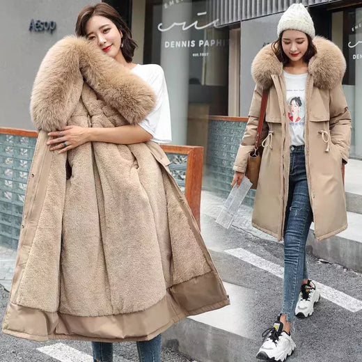 Parka longa e acolchoada feminina com forro de lã, jaqueta com capuz, gola de pele, quente, grossa, neve, roupas grandes, inverno