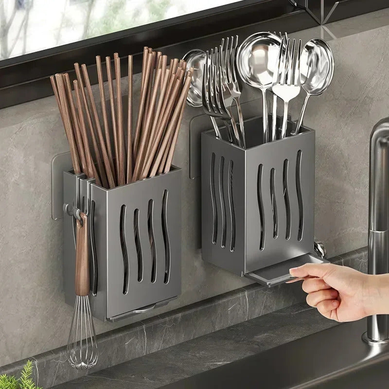 1-Piece Kitchen Utensil Rack-Multifunctional Draining Chopstick Holder,Wall-Mounted or Freestanding Cutlery Storage Box, Plastic