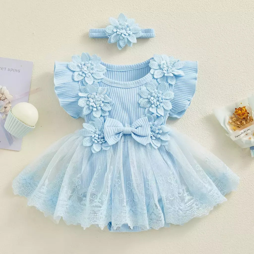3d flor verão bebê meninas macacão princesa malha roupas recém-nascidos rendas retalhos plissado bodysuit vestido bandana crianças roupas