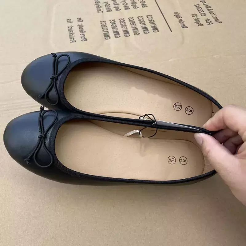 Ballet bowknot para senhoras, sapato de mulas de couro, dedo do pé redondo, mocassins confortáveis, clássicos e elegantes, moda primavera, 2024