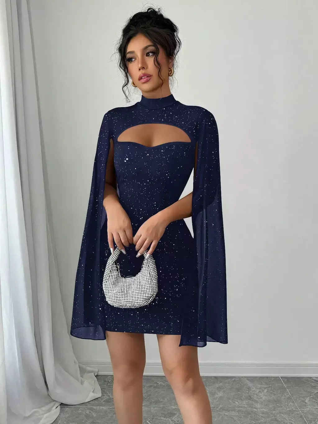 Sexy feminino gola capa mini vestido lantejoulas espumante clube festa noite fora cabido bodycon elegante outono inverno