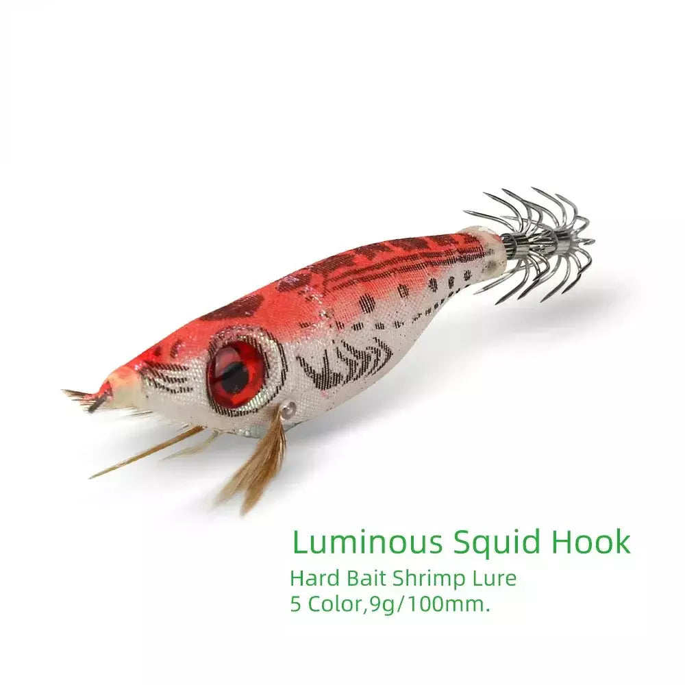 Dndyuju 5 pçs 9g/10cm isca de pesca chumbo chumbada lula gabarito gancho conjunto camarão de madeira artificial polvo choco camarão isca dura