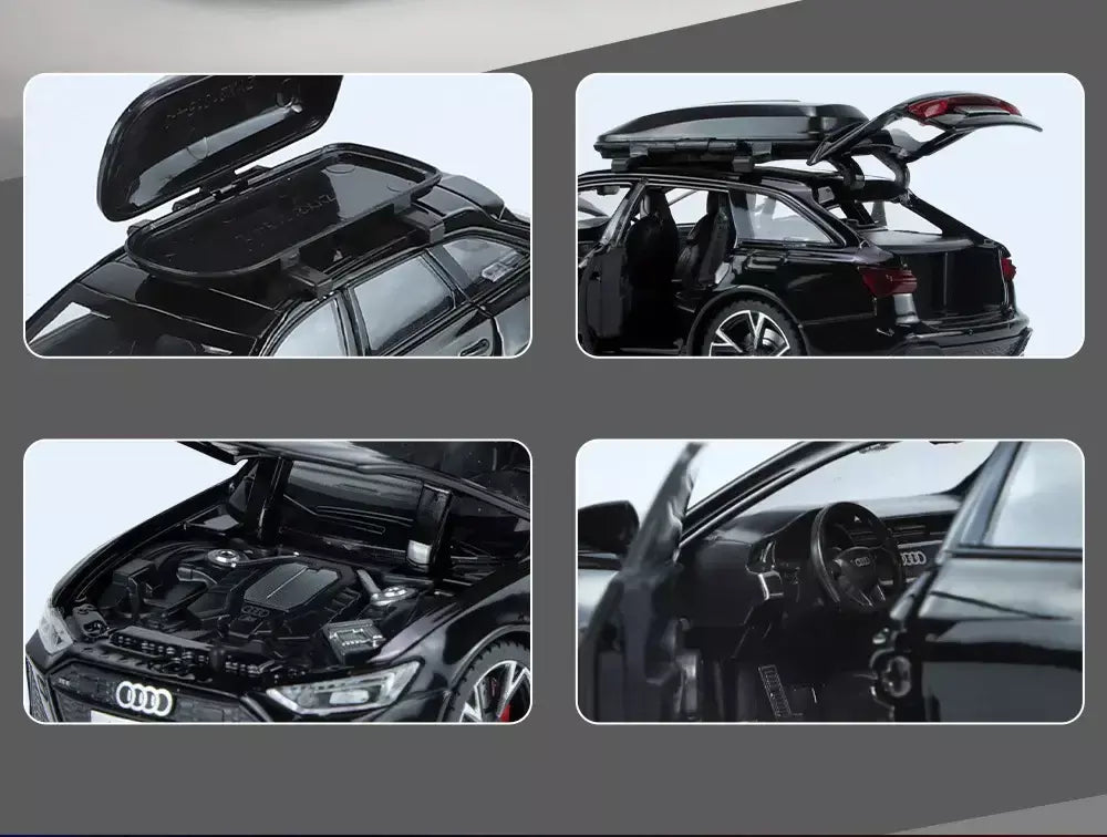 1:32 Audi RS6 Modelo de carro de brinquedo com portas de som e luz, modelo fundido de liga aberta, coleção de veículos para meninos e adultos, presente de festival