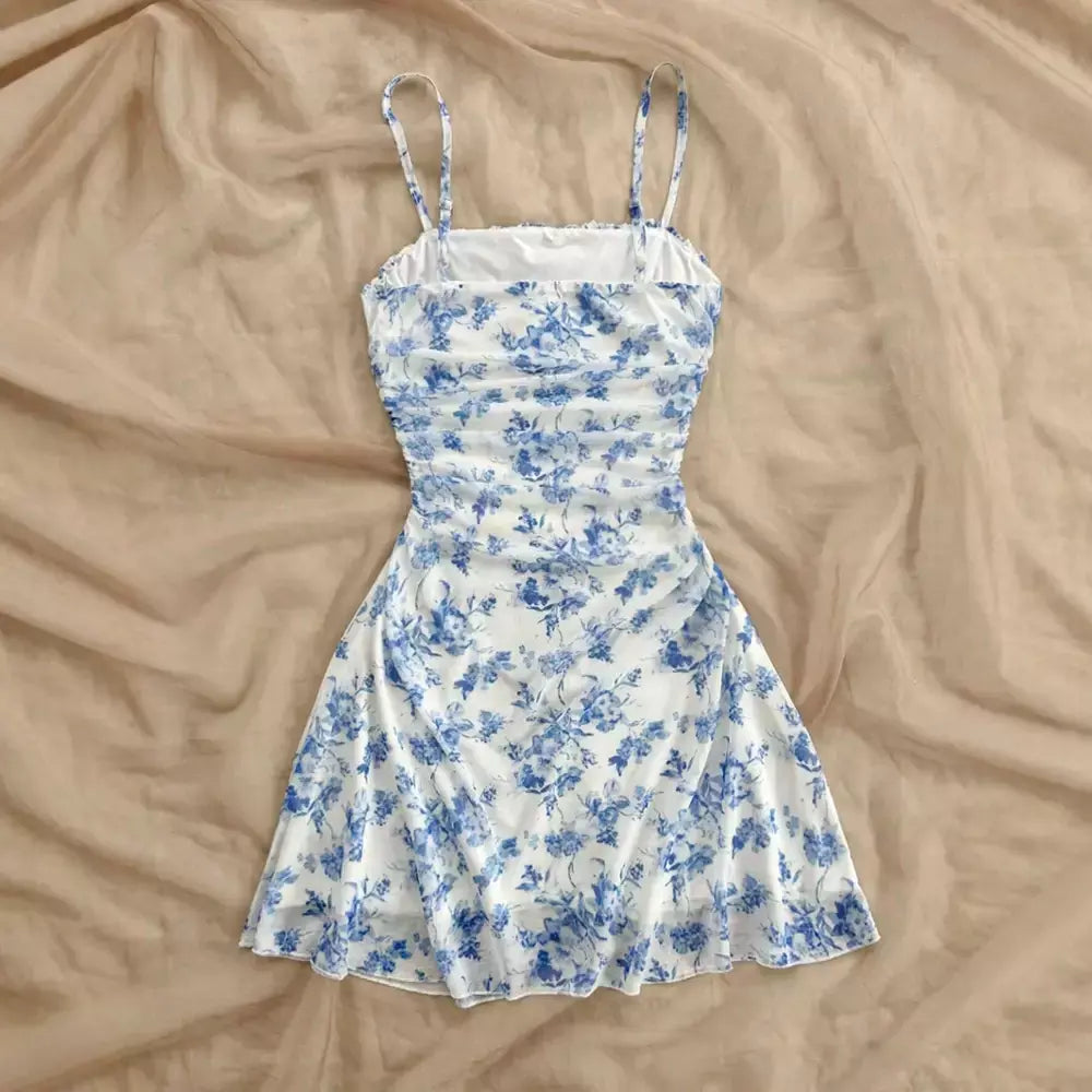Vestidos de verão casual estampa floral sem mangas pescoço quadrado dobras mini vestidos cami diários para mulheres