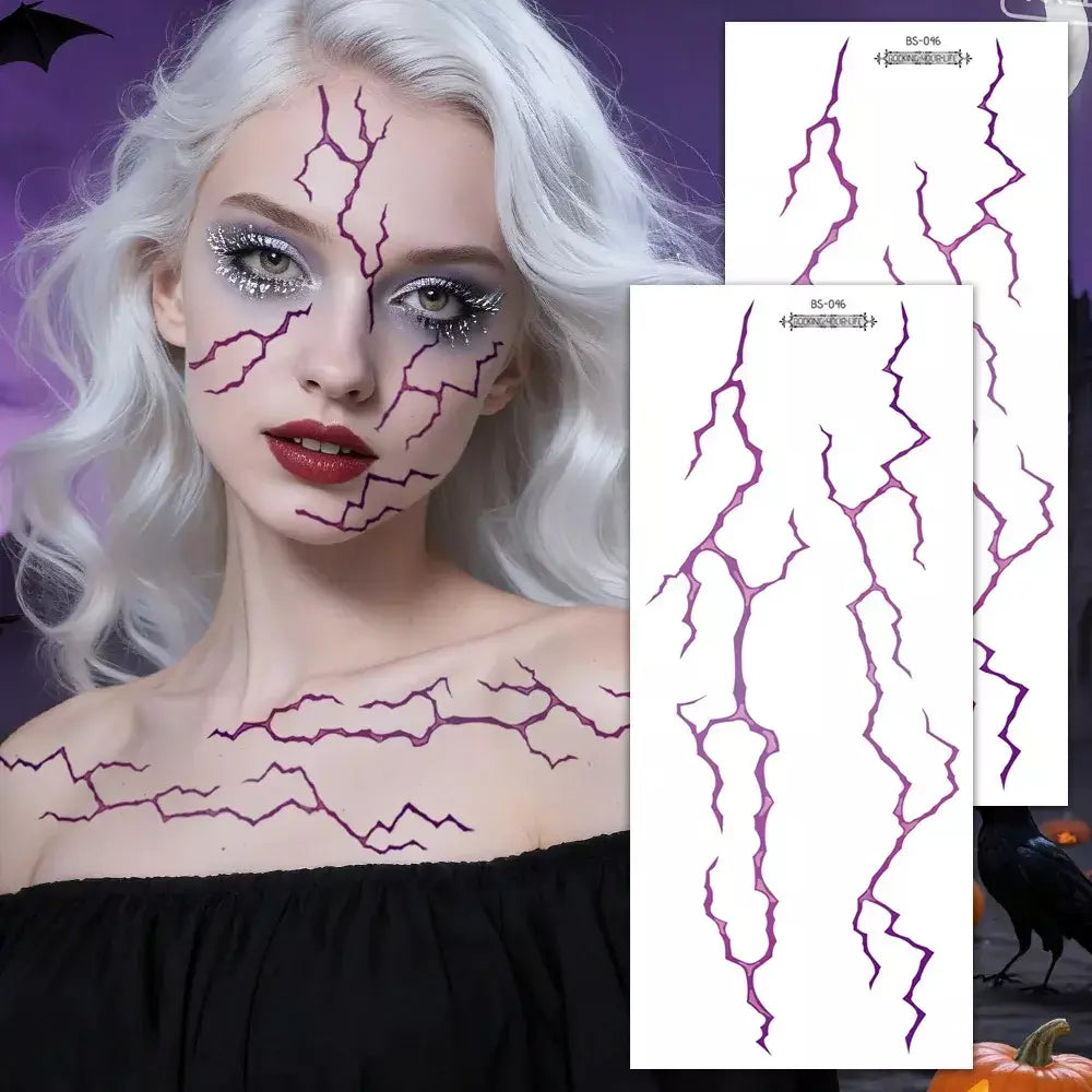 Adesivos de tatuagem falsos grandes, 2 peças, design detalhado de veias relâmpago preto e vermelho para festa de halloween, suprimentos de arte facial e corporal