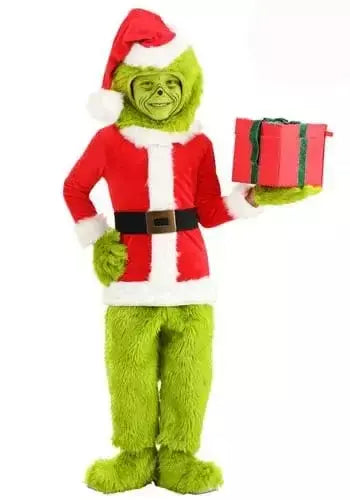 Venda quente da temporada halloween verde grinch cosplay traje papai noel com calças de pele conjunto jogar traje em massa monstro verde gri