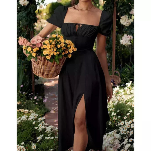 Vestido de renda feminino simples dividido, elegante manga folhada, vestido A, roupas femininas, pendulares, temperamento, nova moda