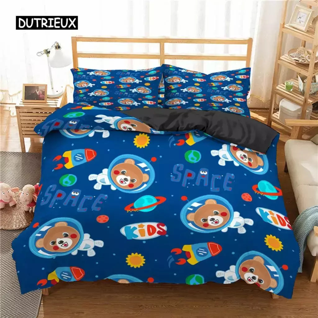 Conjunto de cama para meninos da aviação dos desenhos animados, astronauta Duvet Cover, Blue Sky Dream Quilt Cover, gêmeo, único, tamanhos duplos, fronha