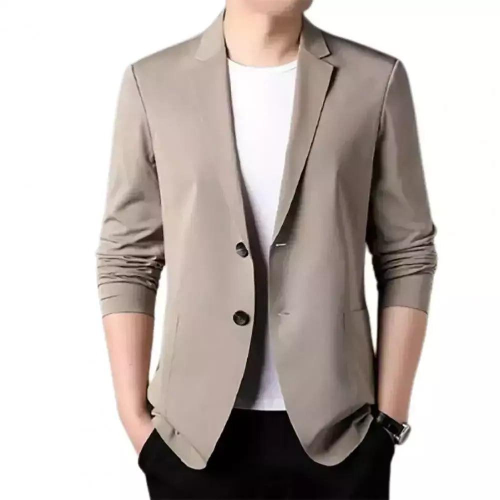Blazers de negócios monocromáticos masculinos, blazers slim fit, botões duplos, lapela, mangas 3/4, terno de deslocamento, casaco do noivo