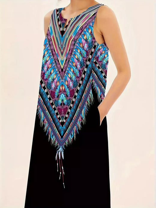Vestido de noite sem mangas feminino, decote em v, vestido de bolso, estampa de colete casual, tamanho grande, elegante, uma peça, verão