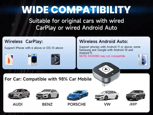 Adaptador carplay 2 em 1 com fio para sem fio, plugue e plugue, conexão automática, converte para carros com fio, compatível com iphone e android-preto