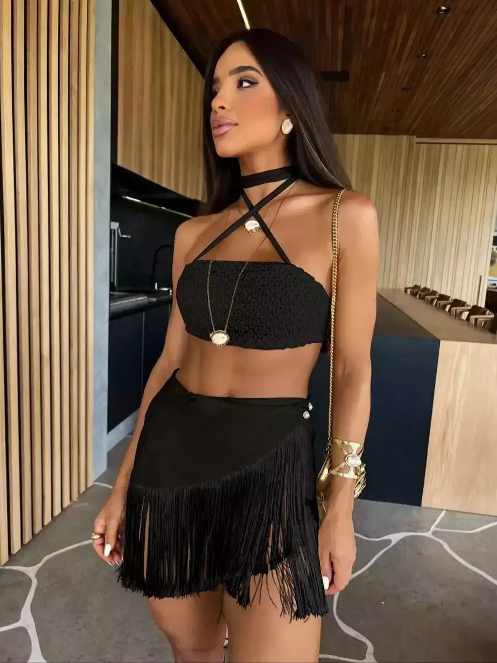 Conjunto sexy de biquíni feminino, sutiã de renda, mini saia, férias de praia, fato de banho feminino casual, 2 peças, verão