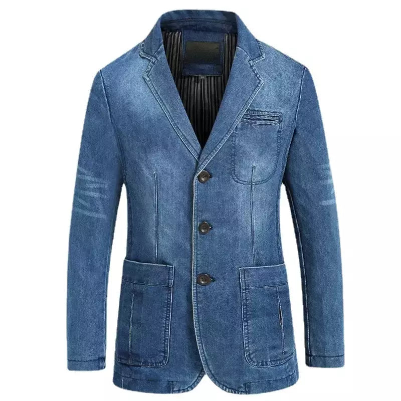 Blazers jaqueta masculina casual denim fino bolso splicing casaco masculino manga comprida único breasted turn-down collar blazers jaqueta