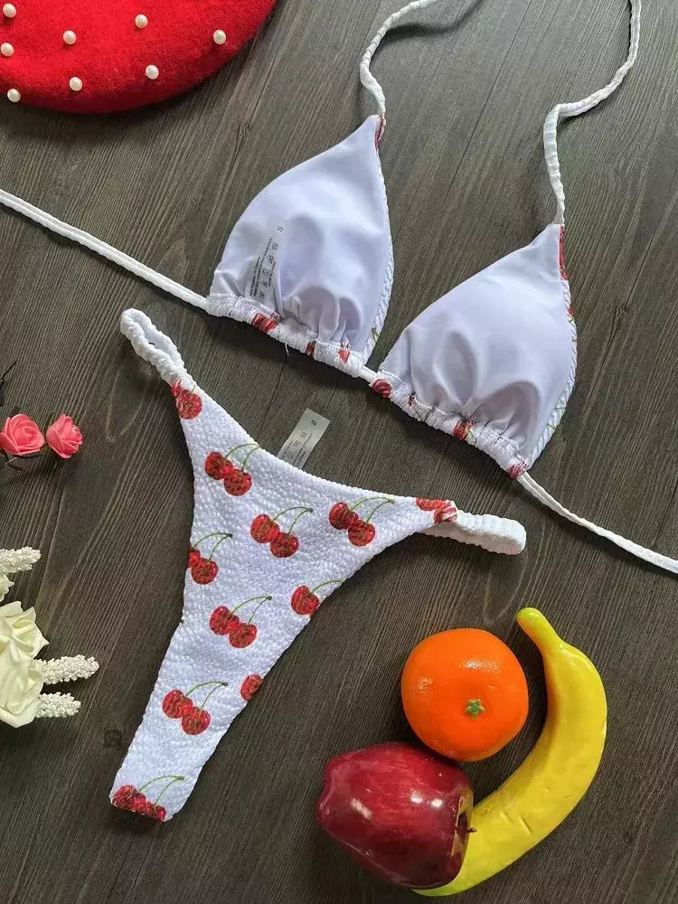Conjunto brasileiro de biquíni tanga para mulheres, moda praia, tanga sexy, maiô, 2 peças, roupa de banho, estampa cereja fofa, 2023