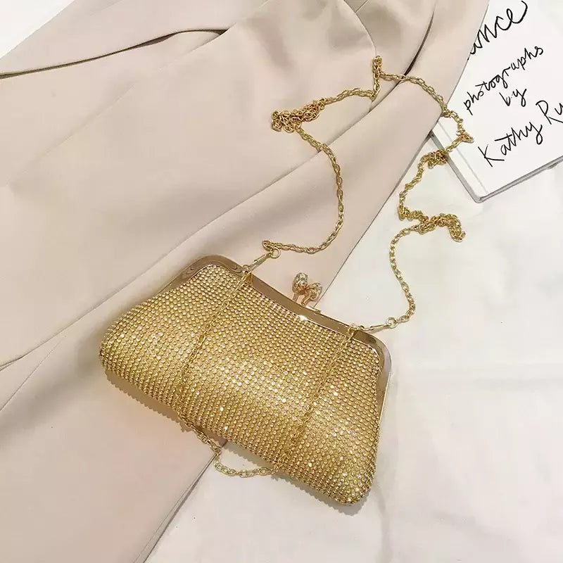 Diamante de ouro sacos de noite para mulheres, bolsa de luxo, corrente elegante, ombro crossbody bag, embreagem festa casamento, moda, 2024