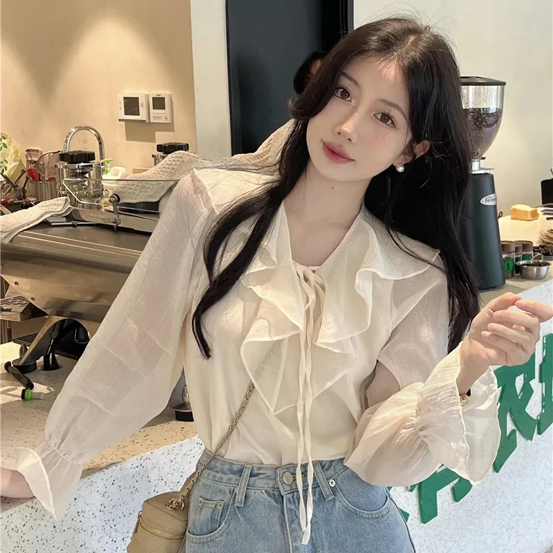 GIDYQ-Blusa coreana de meia gola aberta para mulheres, camisa de escritório para senhoras, pulôver solto, doce, todos os jogos, tops femininos chiques, sólidos, verão, novos