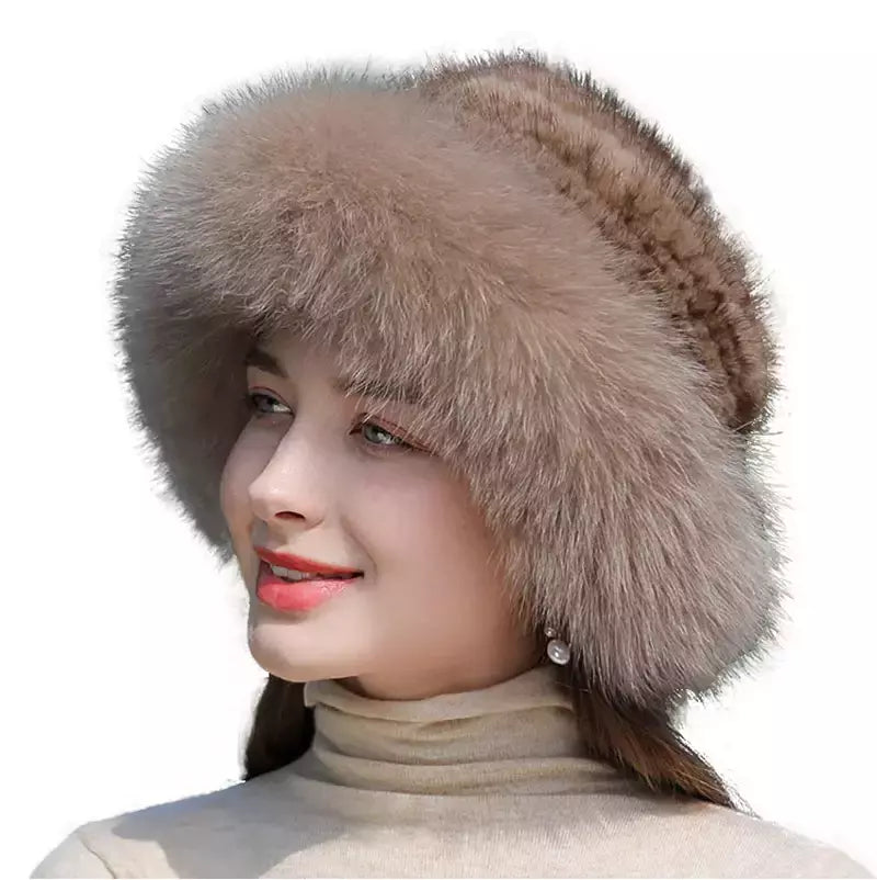 Chapéu de pele de vison genuíno para mulheres Boné de malha natural Gorros luxuosos Headwear de malha artesanal Pele de raposa real, moda inverno quente, nova