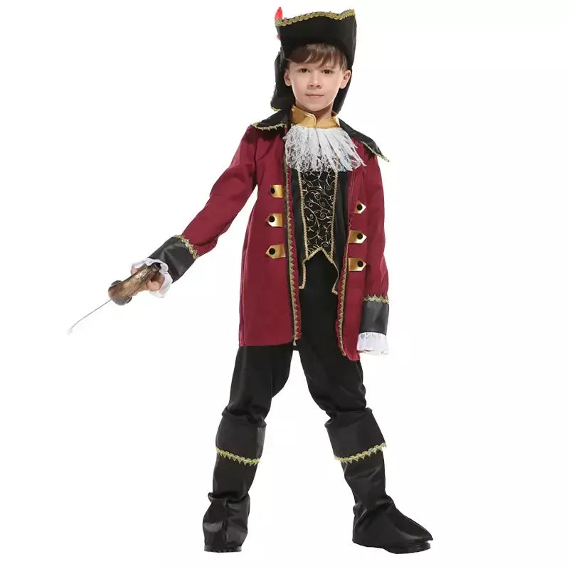 Menino cosplay piratas marinheiro traje terno com pirata tricórnio chapéu capitão jack cosplay conjunto com renda para o natal ano novo