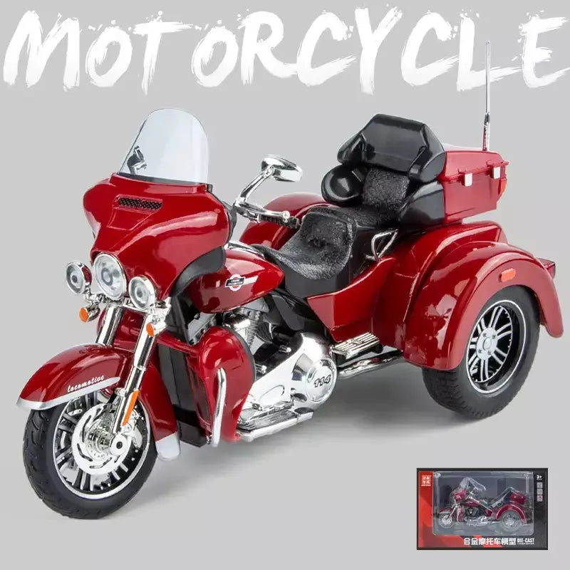 CVO-Tri Glide Alloy Motorcycle Model for Kids, Três Rodas, Cruzeiro, Viagem, Diecast, Lazer na Rua, Luz Sonora, Presente, 1:9