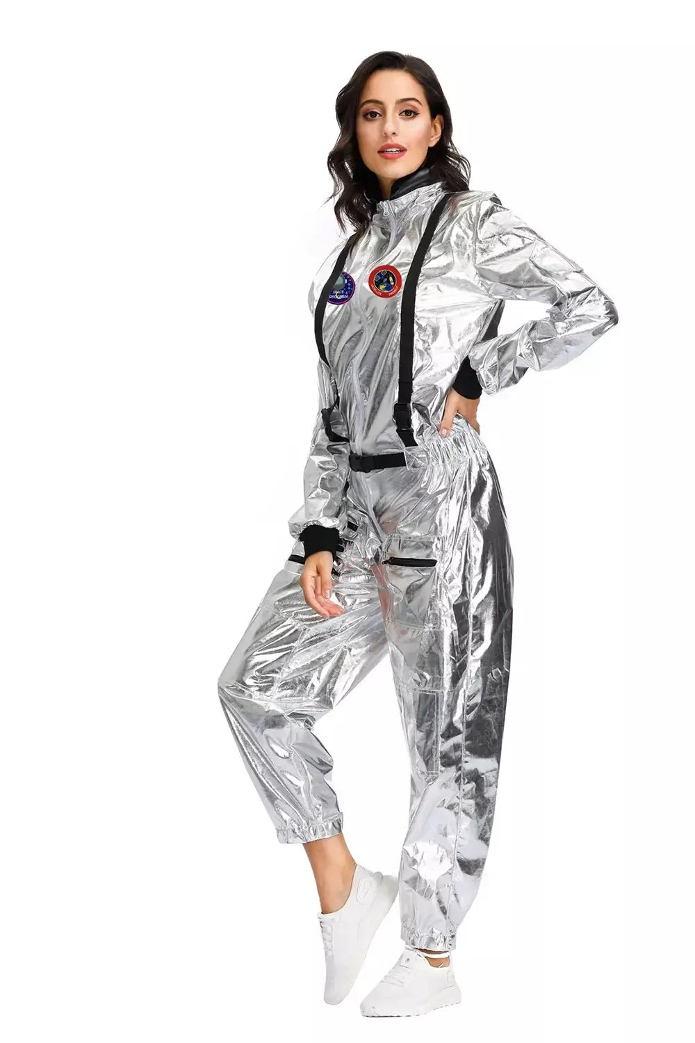 Adulto prata astronauta traje das mulheres dos homens spaceman terno espaço macacão halloween cosplay festa vestir-se