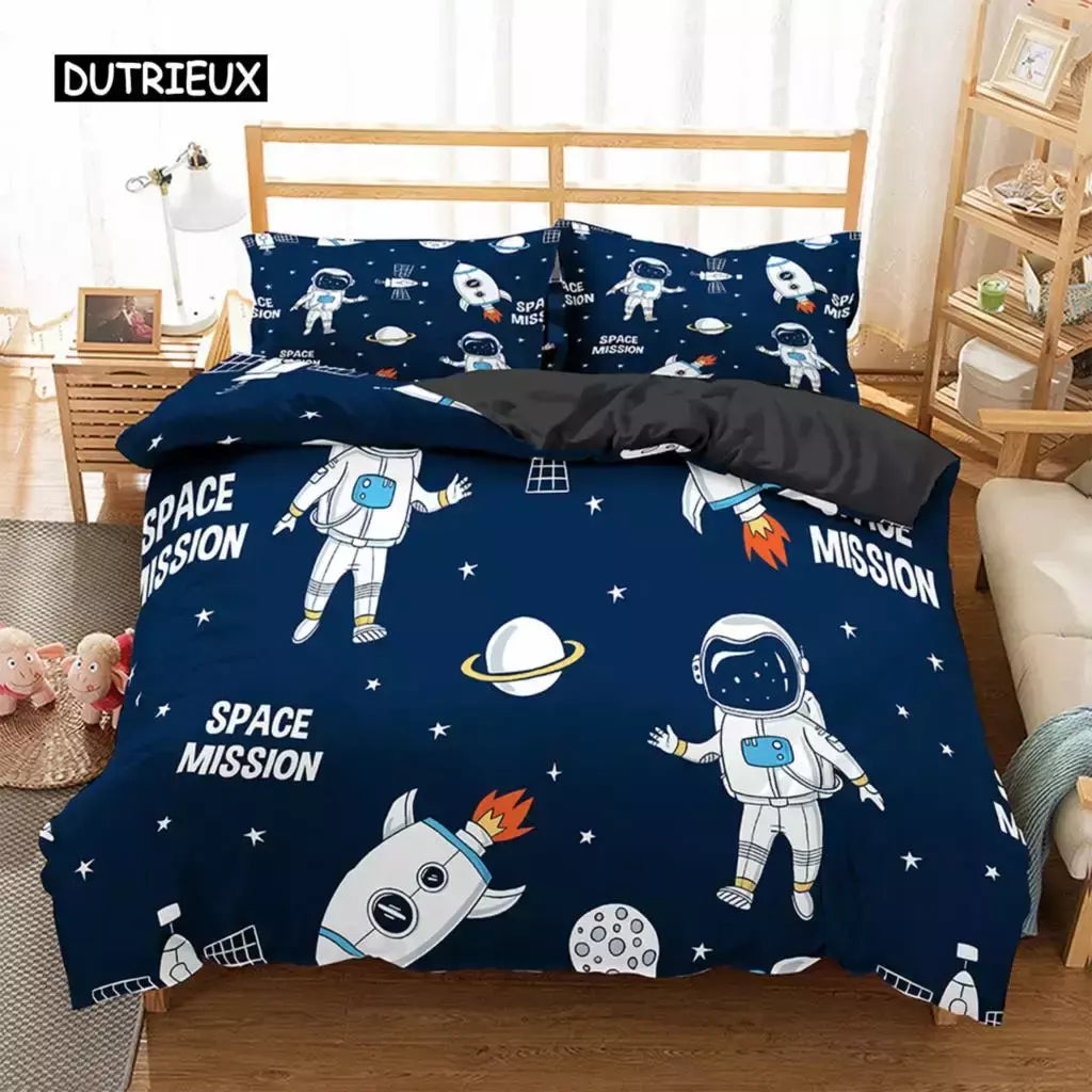 Conjunto de cama para meninos da aviação dos desenhos animados, astronauta Duvet Cover, Blue Sky Dream Quilt Cover, gêmeo, único, tamanhos duplos, fronha
