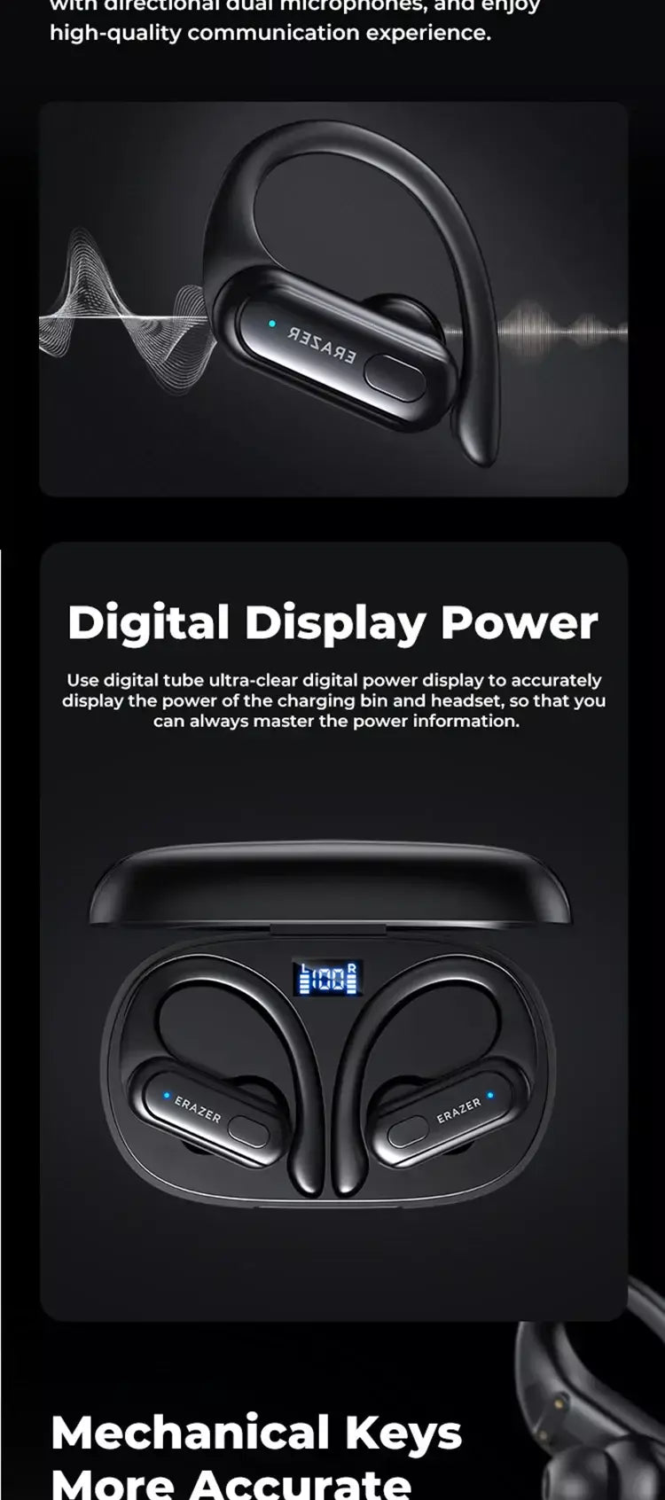 Erazer xt60pro esportes sem fio fones de ouvido bluetooth alta fidelidade redução ruído fone com microfone gancho