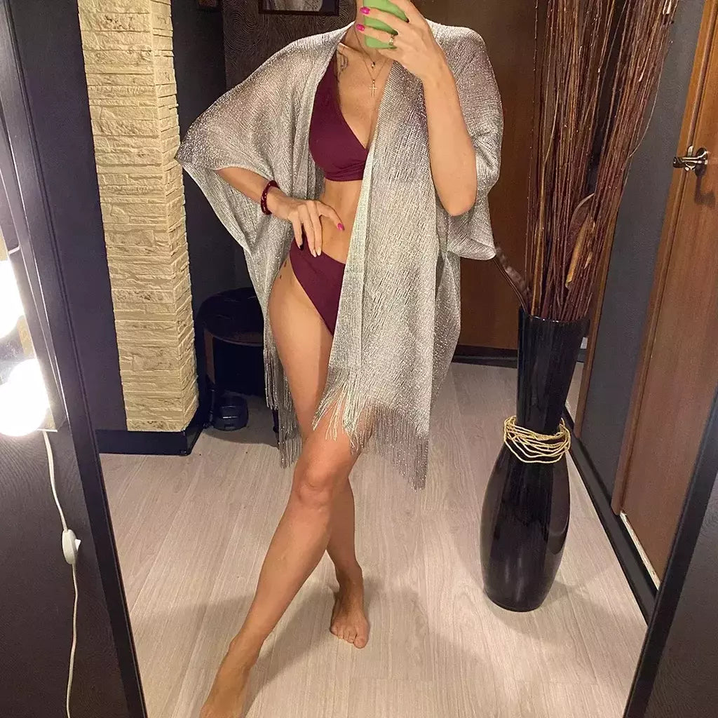 Moda borla ouro bikini cobrir sexy vestido de praia túnicas para mulheres beachwear verão cover-ups kaftan vestido de noite xales