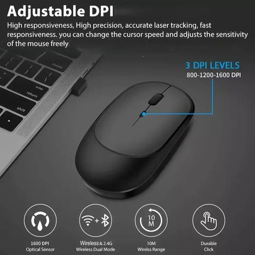 Mouse para jogos sem fio 2.4Gh, modos duplos, Bluetooth, consumo de energia ultrabaixo, compatível com PC, Mac, computadores, laptops, mudo