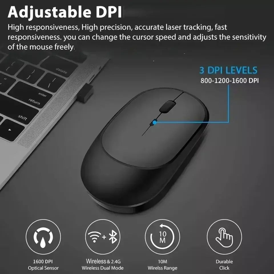 Mouse para jogos sem fio 2.4Gh, modos duplos, Bluetooth, consumo de energia ultrabaixo, compatível com PC, Mac, computadores, laptops, mudo