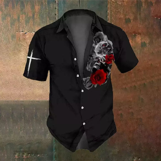 Camisa retrô masculina com estampa caveira rosa, roupa de festa, manga curta, casual, na moda, extragrande, tamanho S-5XL, moda, verão