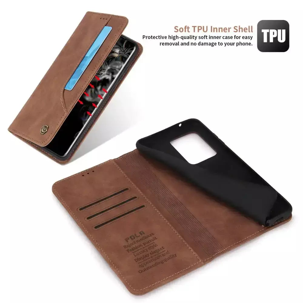 Capa de telefone de couro para Samsung Galaxy S25 S24 Ultra S23 S22 S21 S20 FE S10 Plus Nota 20 10 9 5G Carteira magnética Flip Phone Cover