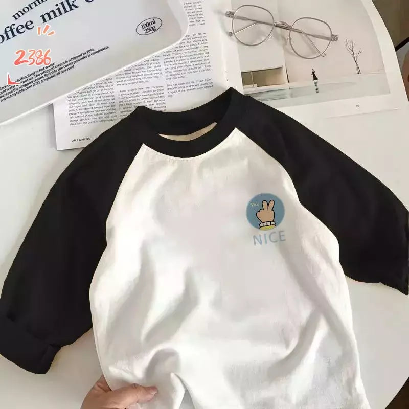 T-shirt de manga comprida para menino e menina, top de algodão puro, design cartoon, novo outono e inverno