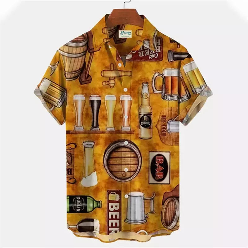 Camisa Retro de Cerveja Masculina Estampada 3D, Padrão para Beber Natal, Engraçado Street Top, Casual Manga Curta, Blusa de Botão, Roupas