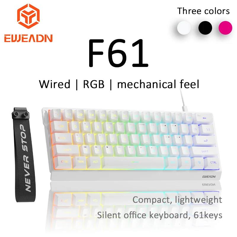 EWEADN F61 Teclado com fio 61 teclas RGB Pequeno e portátil computador para jogos de escritório Teclado de escritório silencioso Conexão USB Três cores