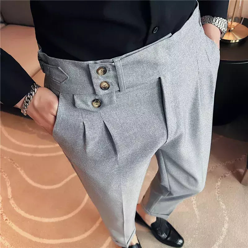 Calça formal de botão de cintura alta estilo britânico masculina, terno casual empresarial, calça de escritório, monocromática, alta qualidade, nova, primavera