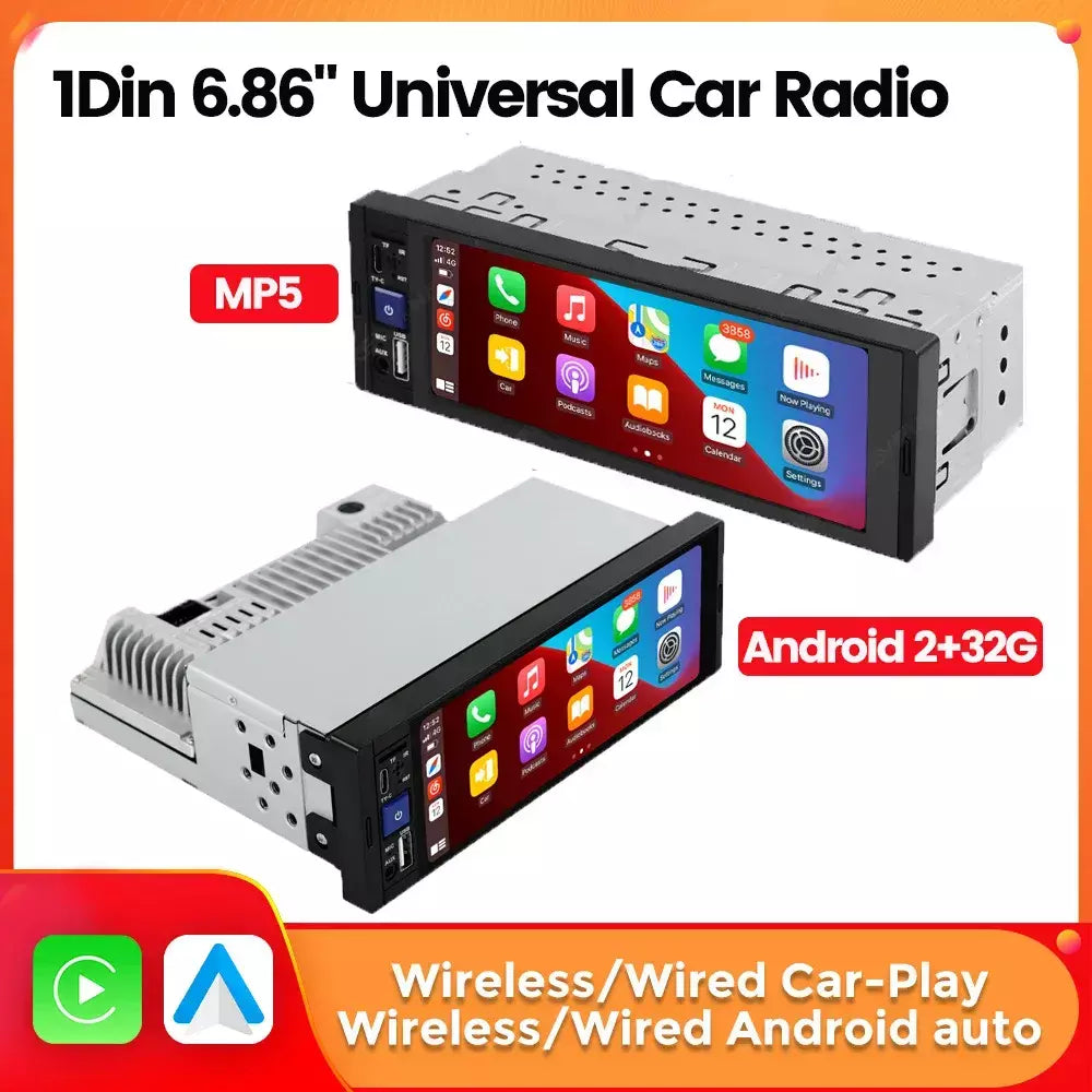Mekede 6.86 ''1din com fio sem fio carplay android auto mp5 rádio do carro reprodutor multimídia bt fm espelho link áudio estéreo do carro