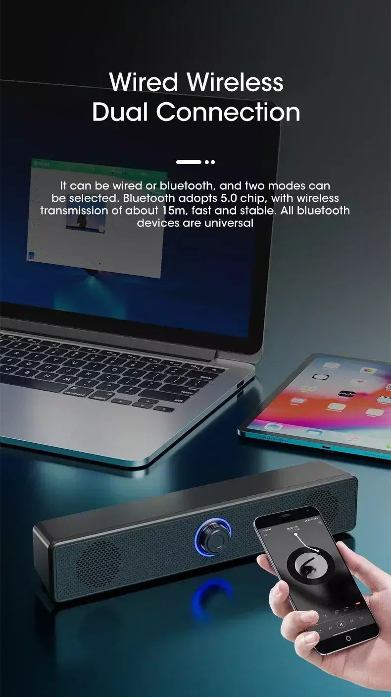 Barra de som para pc, com fio e sem fio, bluetooth, alimentado por usb, para tv, pc, laptop, jogos, home theater, sistema de áudio surround