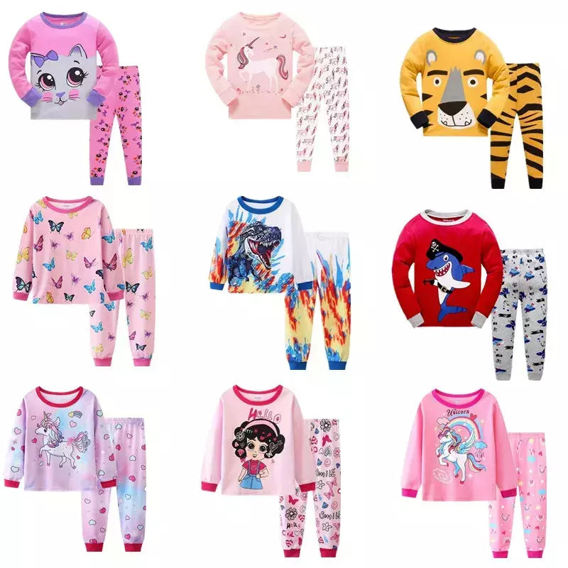 Desenhos animados unicórnio impressão algodão pijama conjuntos para meninas, gola casual, rosa, 2pcs