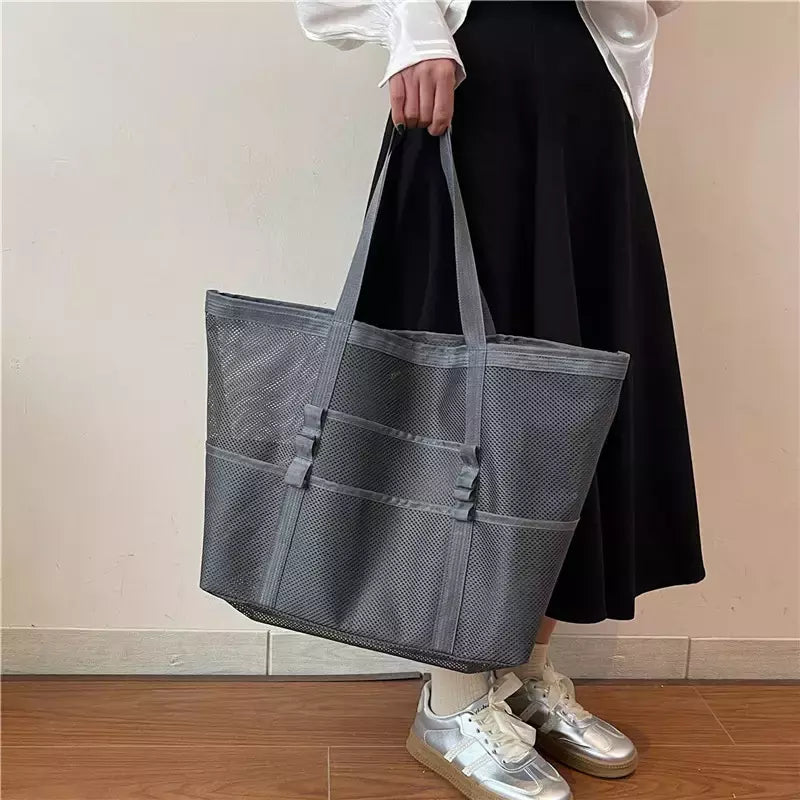 Bolsa de praia de malha portátil para mulheres, maquiagem, bolsa de lavagem, organizador de banho, Shopper Totes, verão