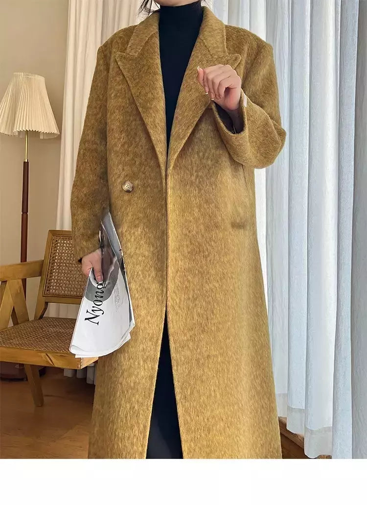 Casaco de alpaca de lã feminino, jaquetas de lã, trespassado duplo, gola de terno, solto, Casacos longos, senhora do escritório, outono, inverno, 2022