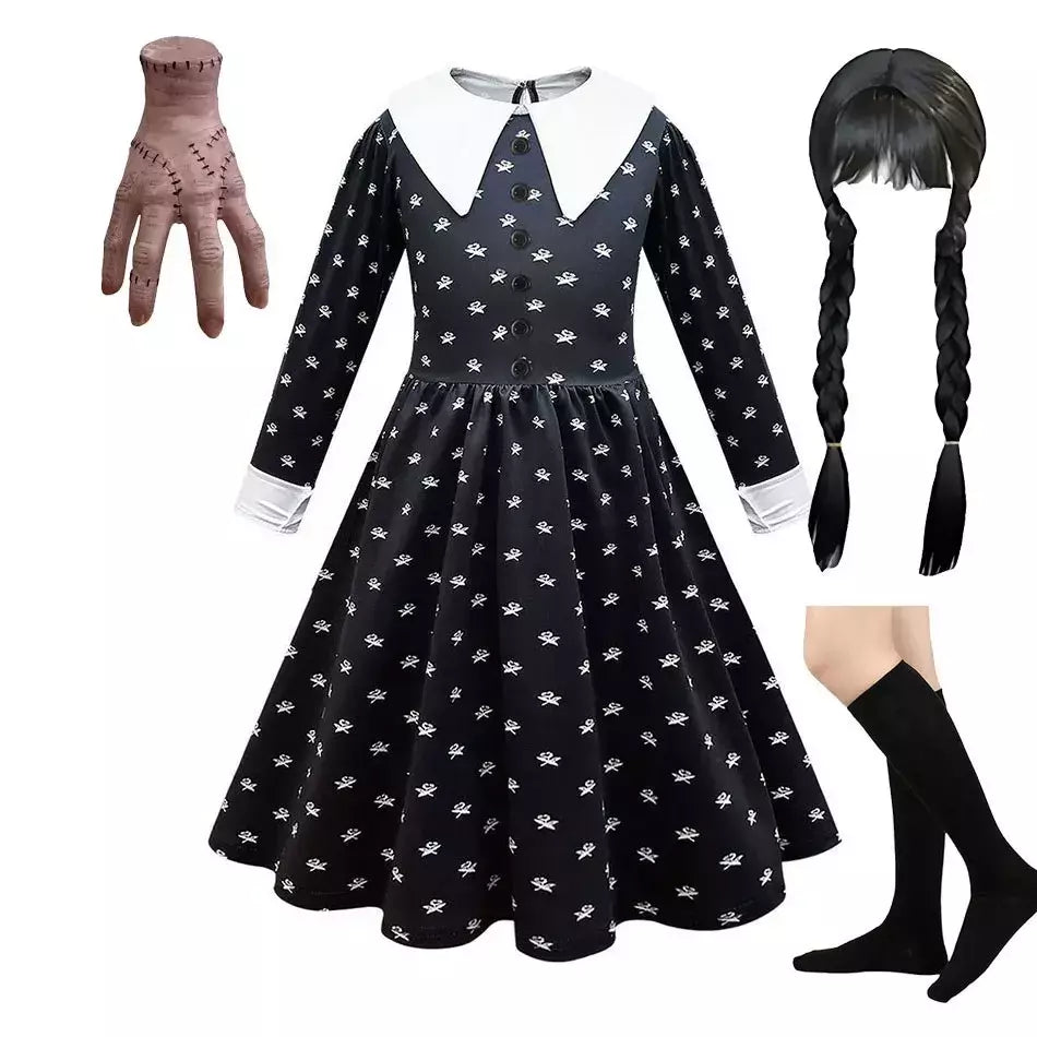 Crianças addams traje do bebê meninas família cosplay traje de halloween crianças família dança vestido preto quarta-feira pageant fantasia