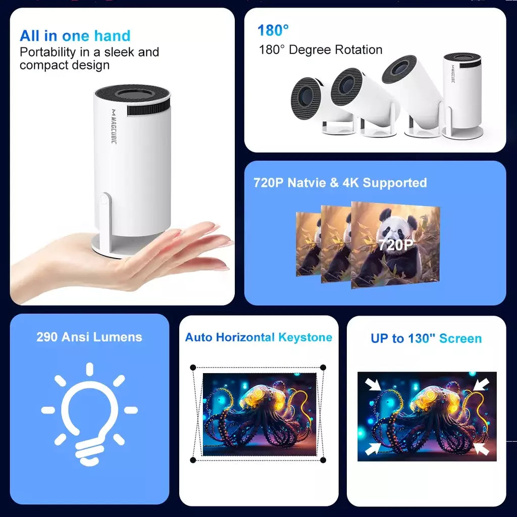 Projetor magcúbico android11 4k 1280*720p hy300 pro duplo wifi 290ansi 180 flexível bt5.0 cinema projetor portátil ao ar livre