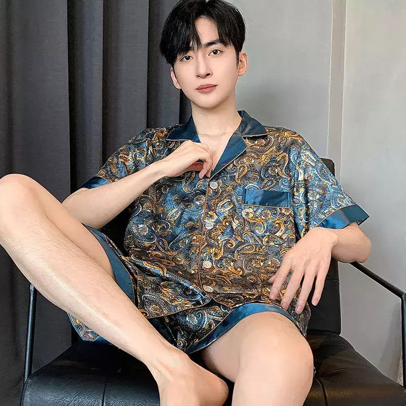 Conjuntos de pijama masculino de cetim de seda manga comprida, pijamas masculinos, camisola estampada, Casa, Soft Cozy Sleepwear Calças, Novo