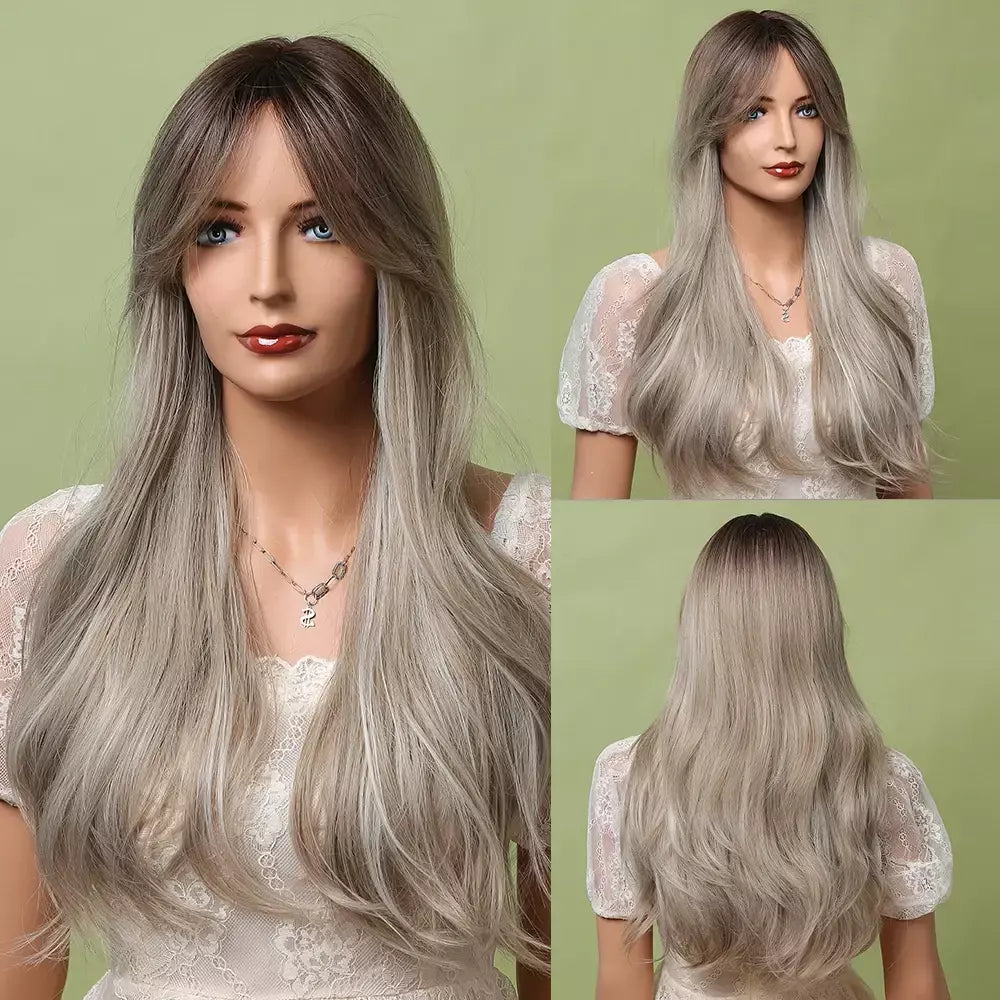 Louis ferre longo ombre loira perucas sintéticas com franja para mulheres onda natural penteado fibra resistente ao calor cosplay perucas marrons