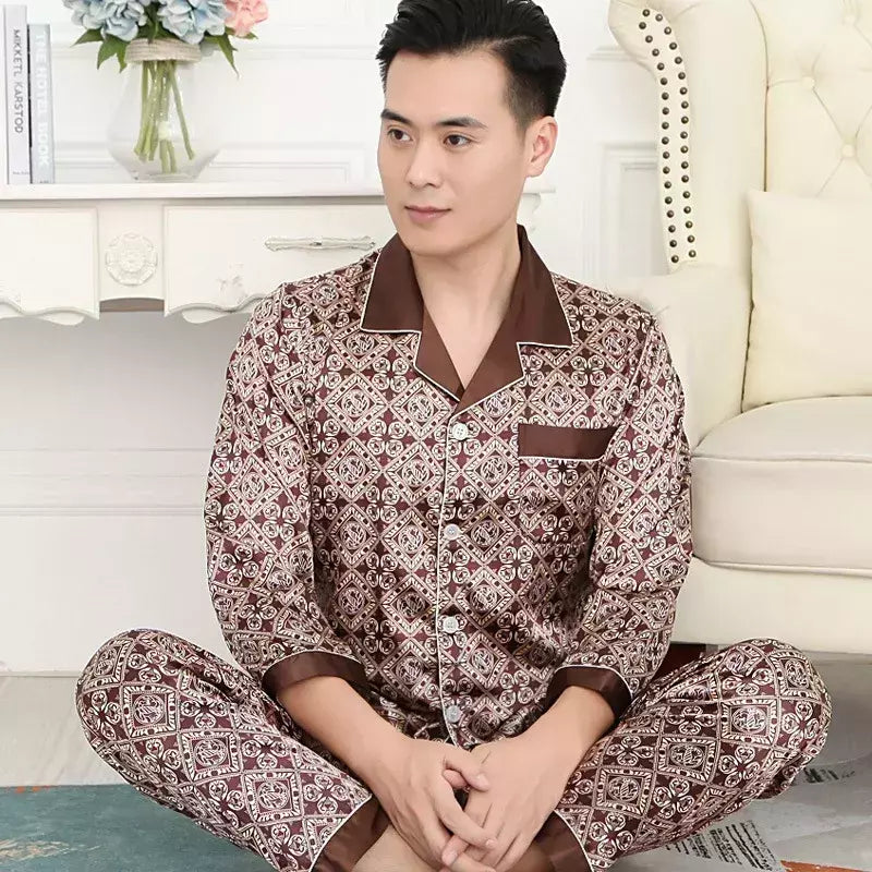Conjuntos de pijama masculino de cetim de seda manga comprida, pijamas masculinos, camisola estampada, Casa, Soft Cozy Sleepwear Calças, Novo
