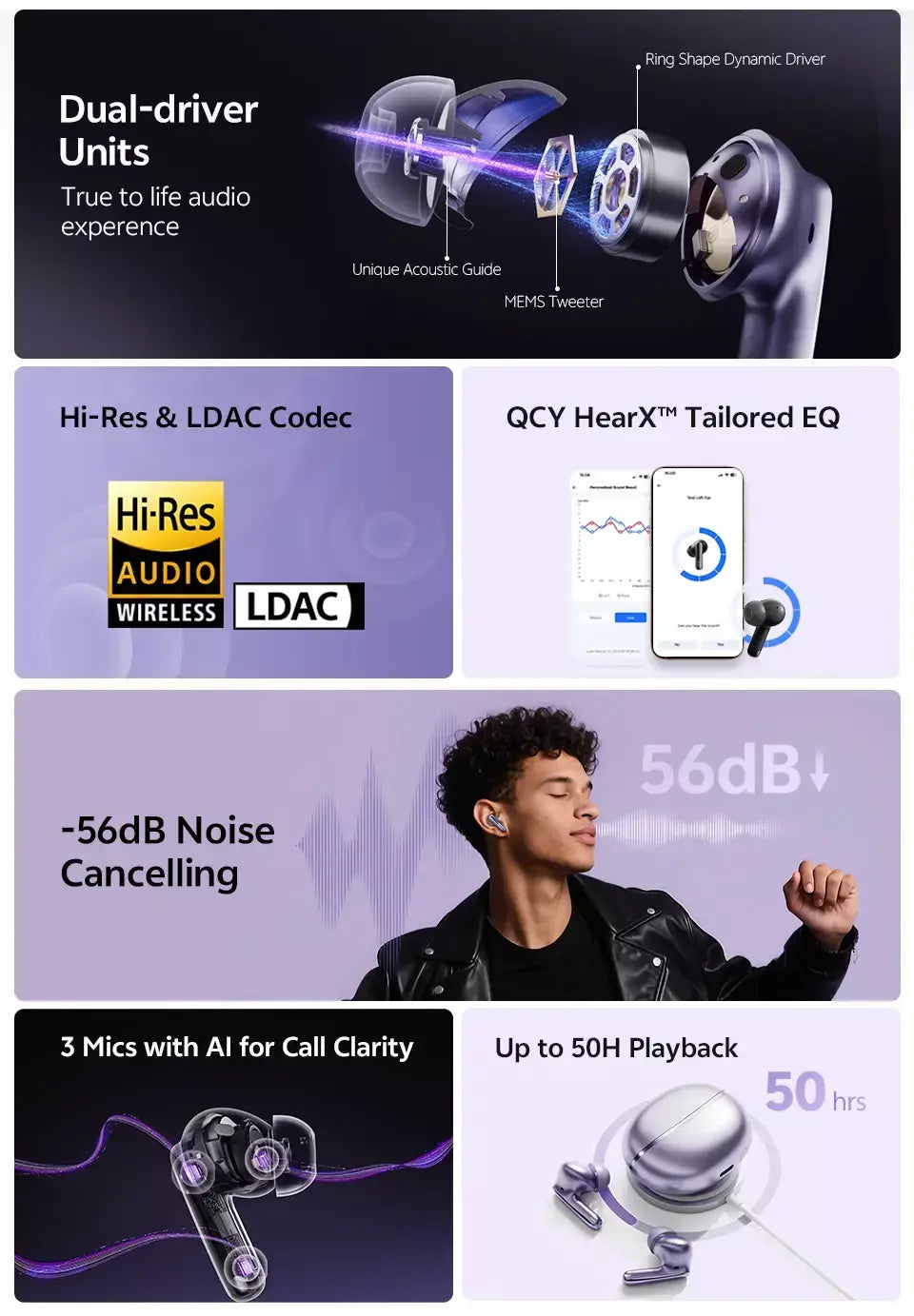 QCY MeloBuds N70 Fones de ouvido sem fio ANC Bluetooth 6.0 com cancelamento de ruído adaptativo LDAC, áudio de alta resolução, 6 microfones ENC, 50 horas de reprodução, carregamento sem fio, detecção intra-auricular
