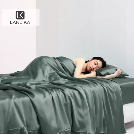 Lanlika luxo puro 100% conjunto de cama seda verão verde folha plana fronha dupla rainha rei colcha conjunto cama lençol